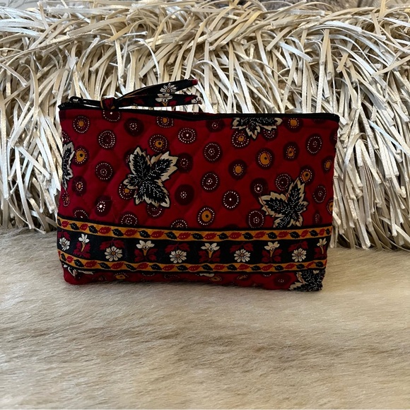Vintage VERA BRADLEY Red Coin 1999 Travel Cosmetic Case Gold Leaves Lined - Picture 1 of 11